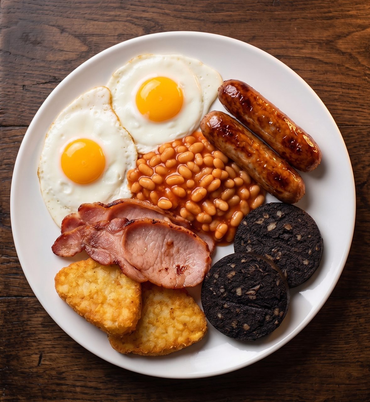 A freshly cooked breakfast with eggs and all the trimmings